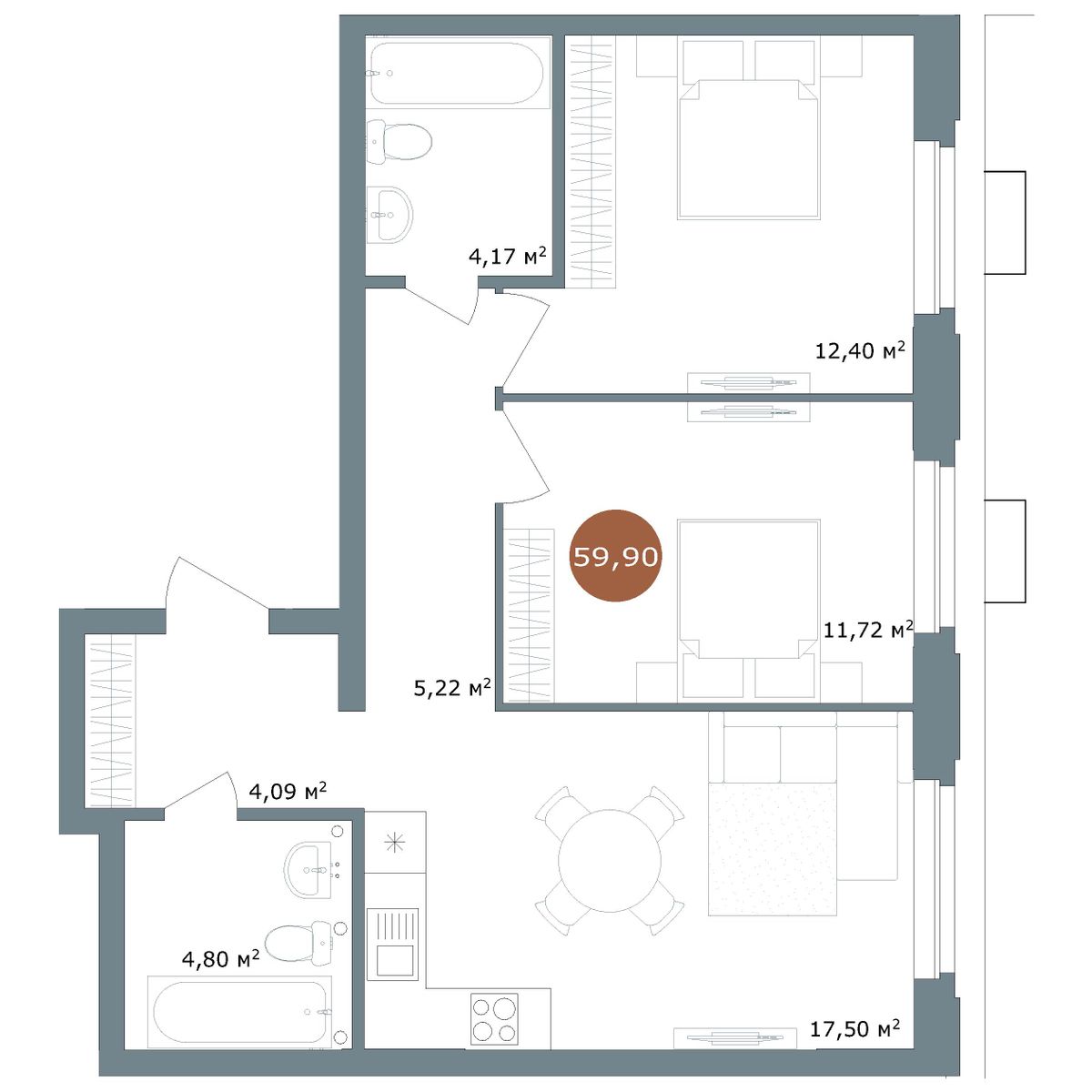 2-комнатная 59,9 м²