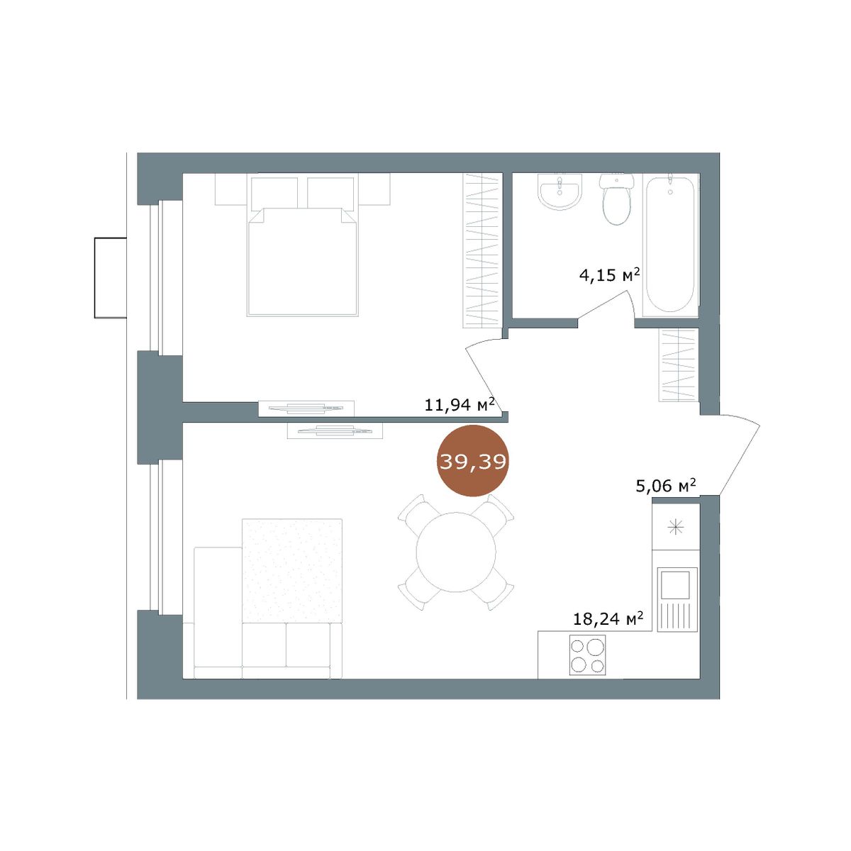 1-комнатная 39,39 м²