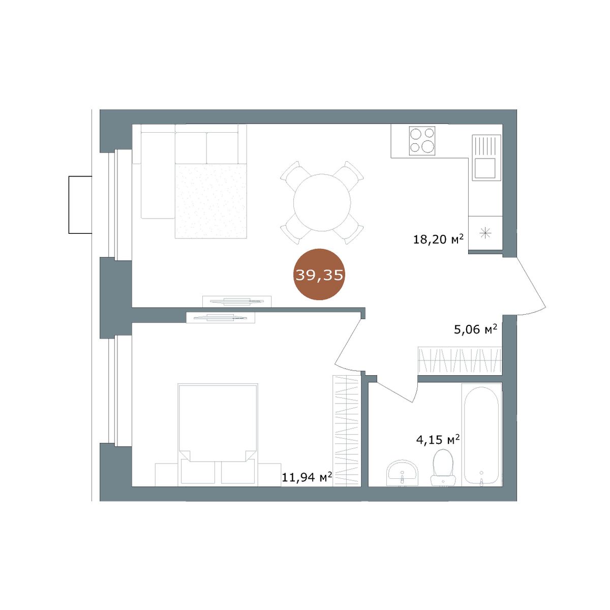 1-комнатная 39,35 м²