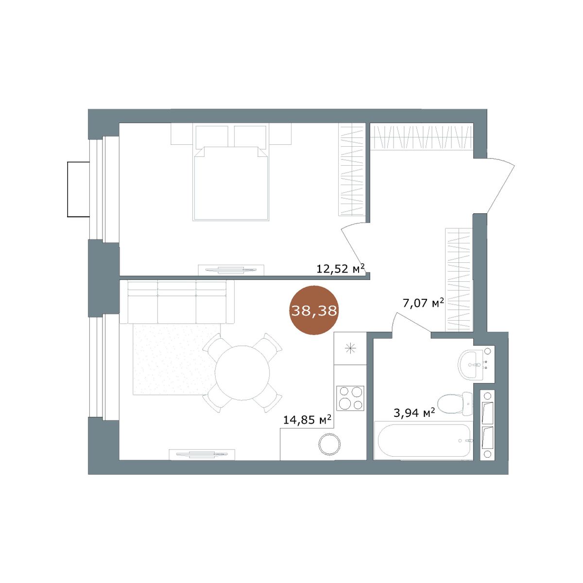 1-комнатная 38,38 м²