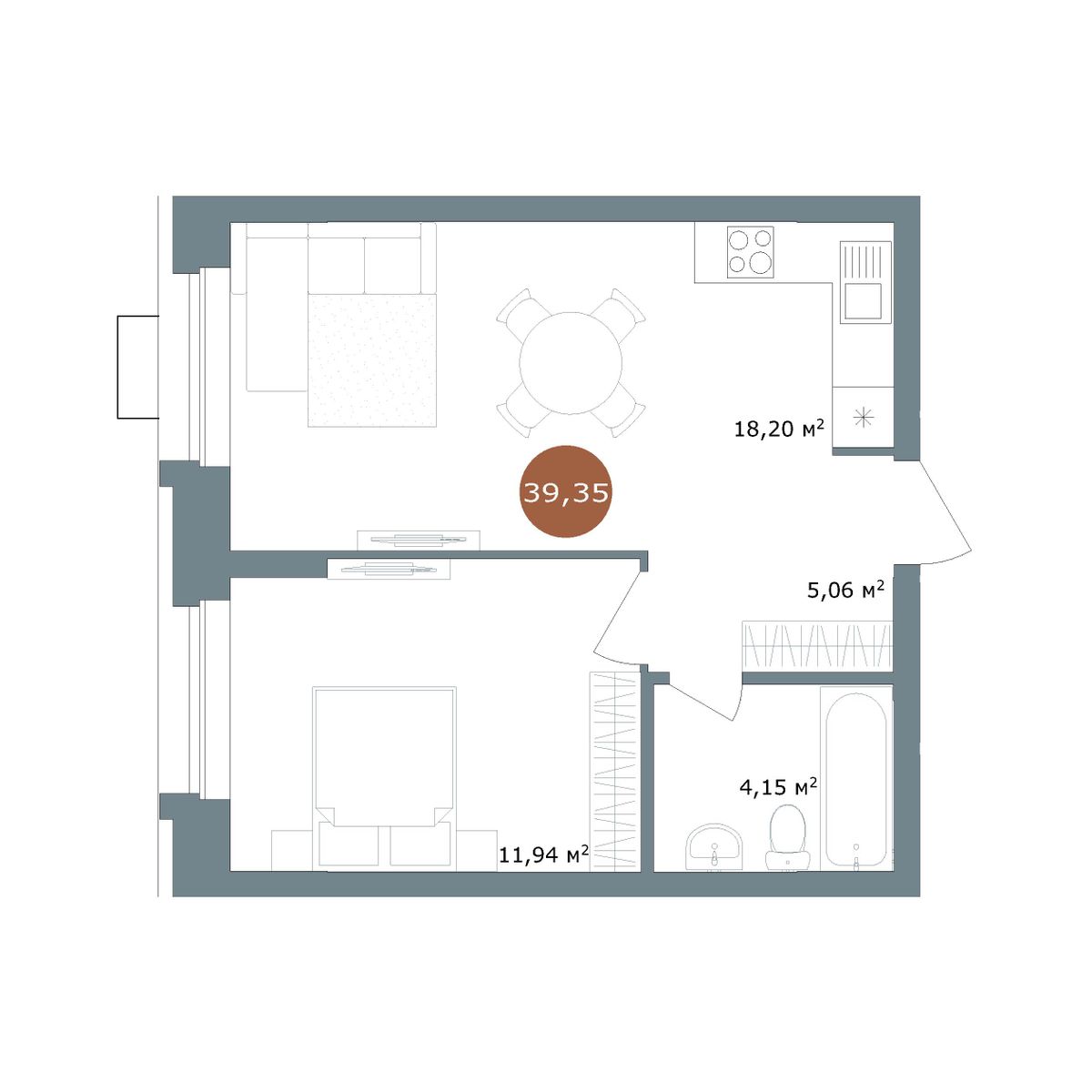 1-комнатная 39,35 м²
