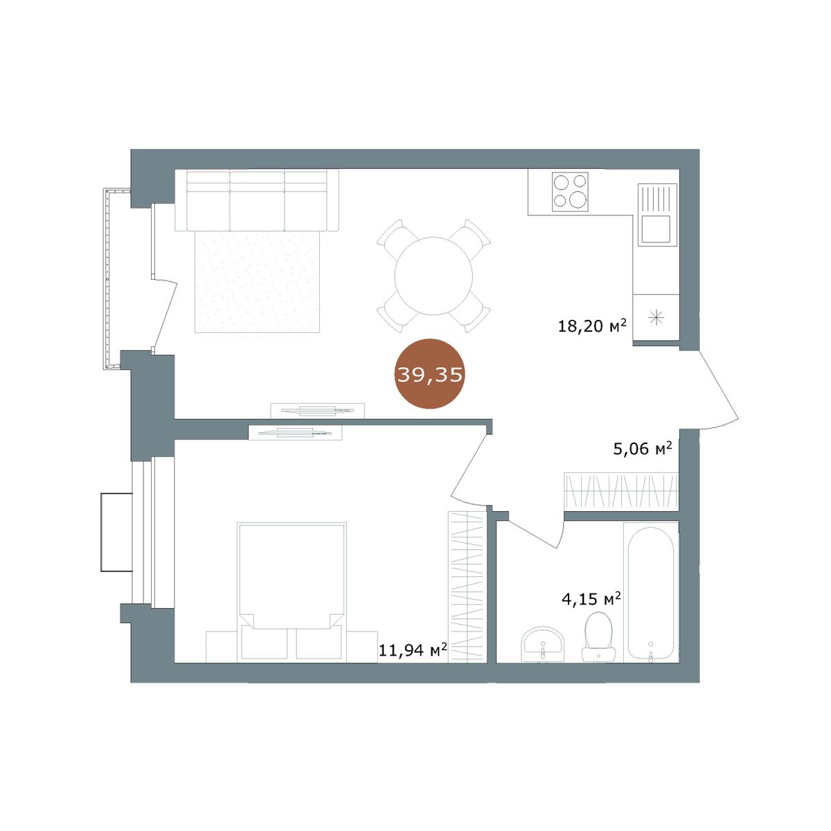 1-комнатная 39,35 м²