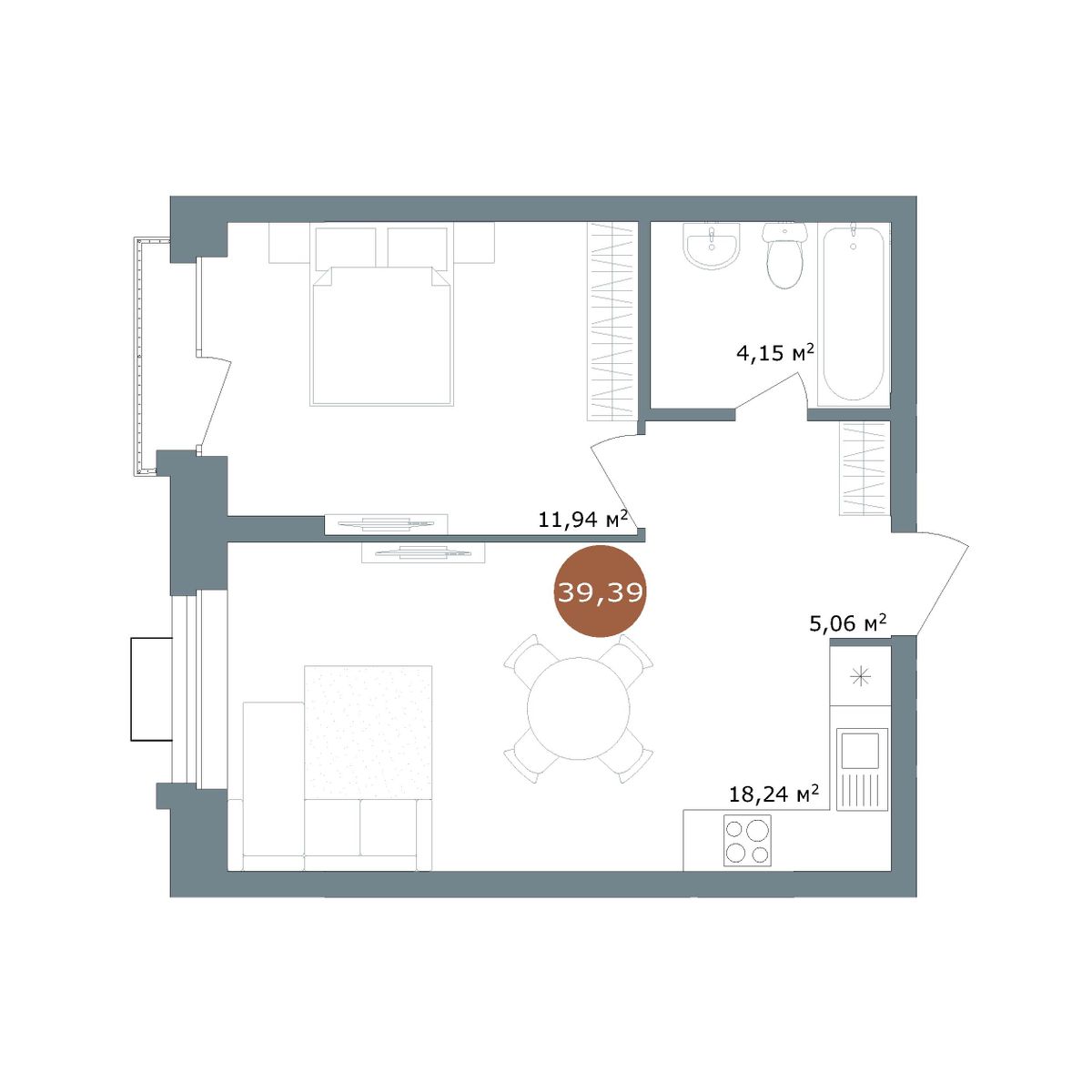 1-комнатная 39,39 м²