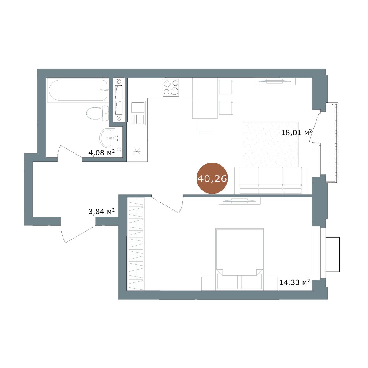 1-комнатная 40,26 м²