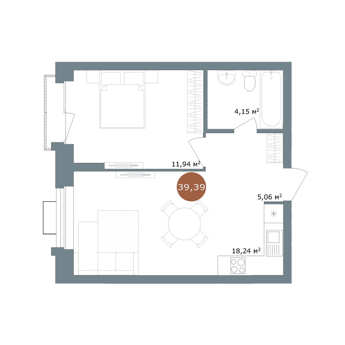 1-комнатная 39,39 м²