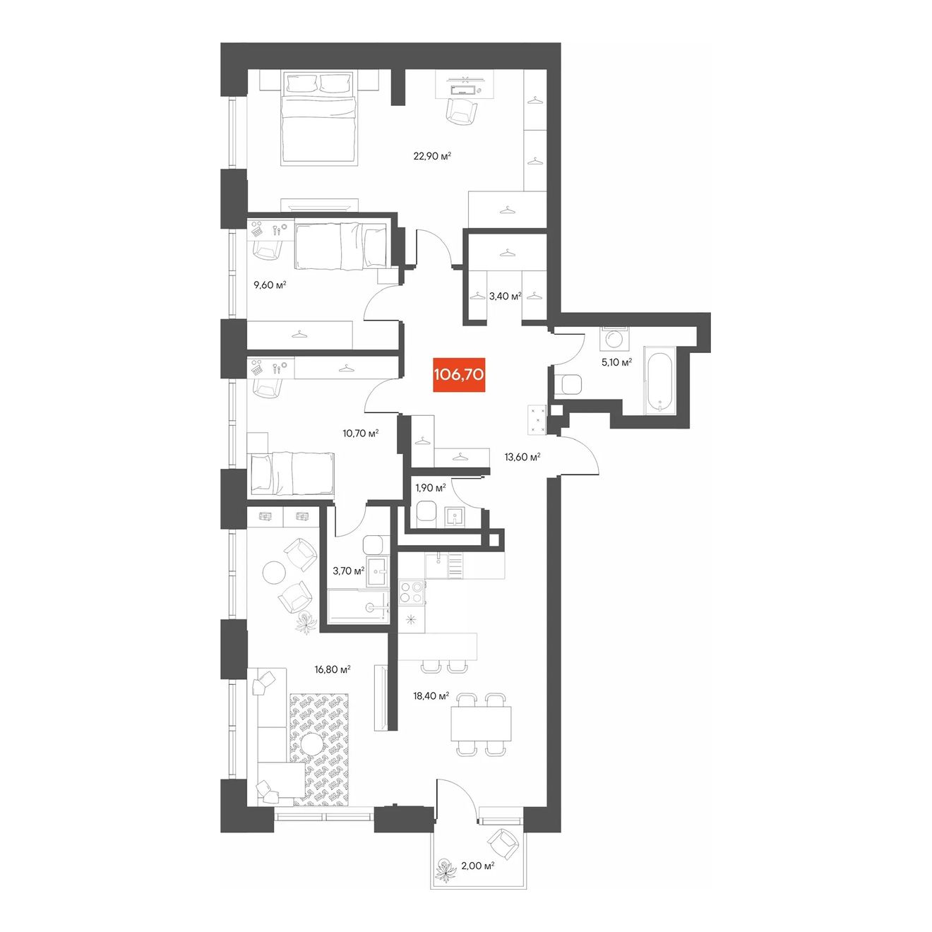 3-комнатная 106,7 м²