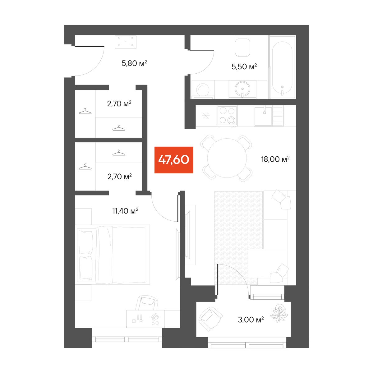 1-комнатная 47,6 м²