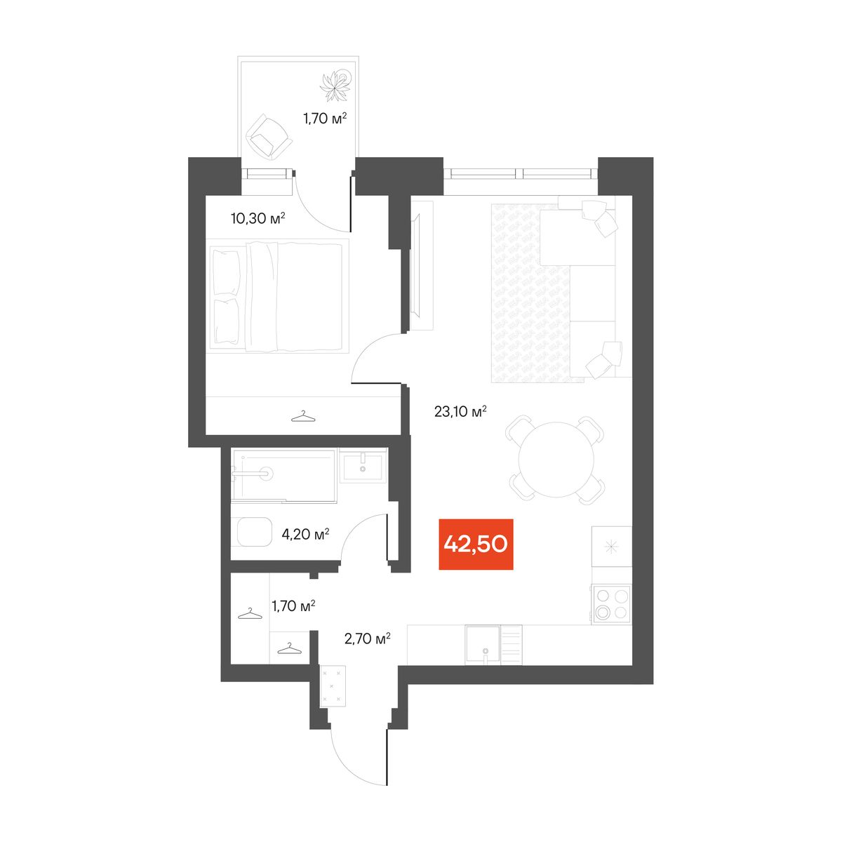 1-комнатная 42,5 м²