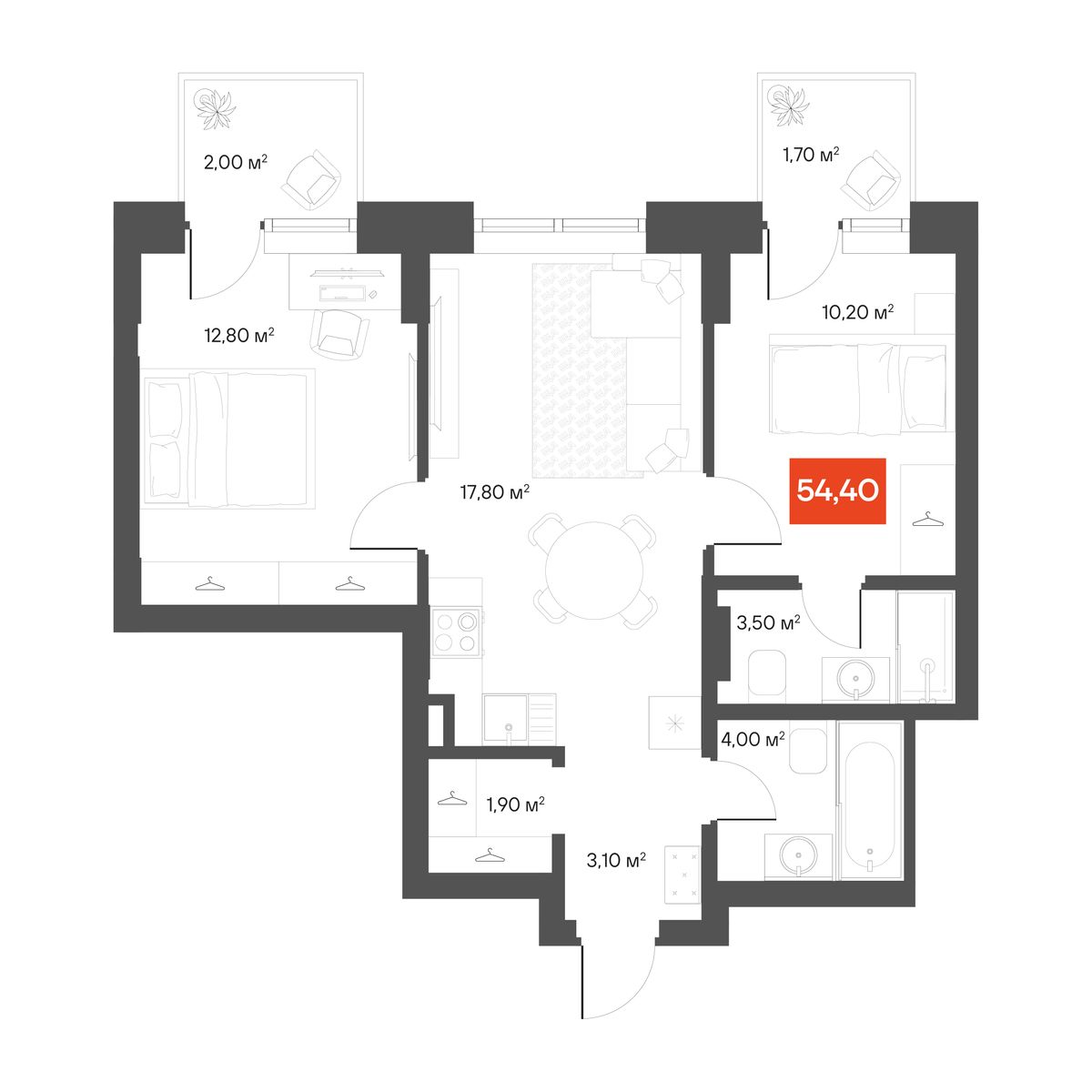 2-комнатная 54,4 м²