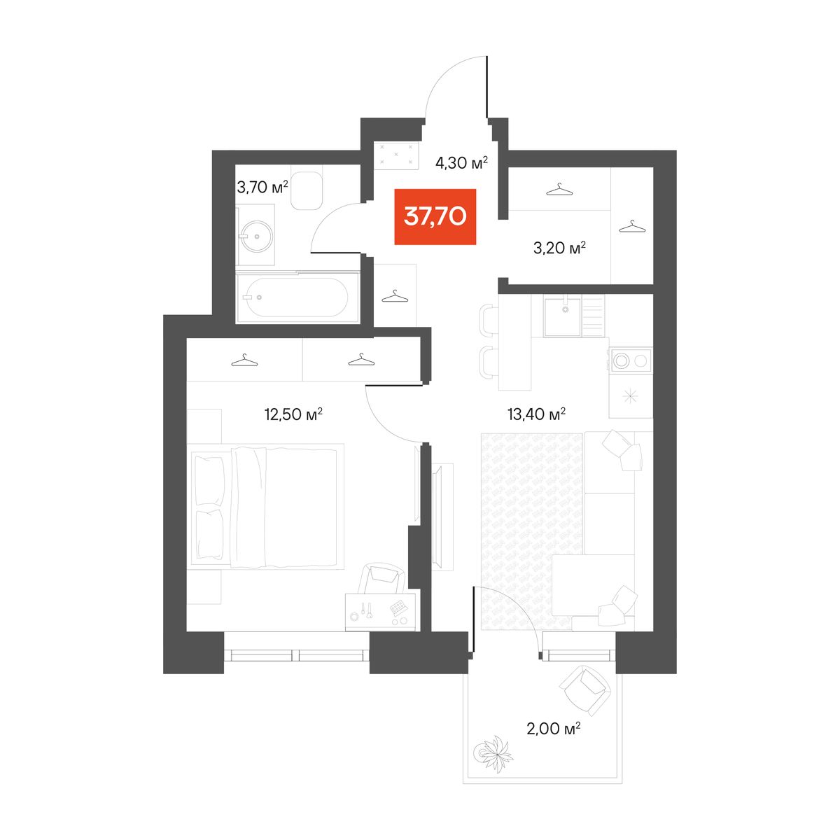 1-комнатная 37,7 м²
