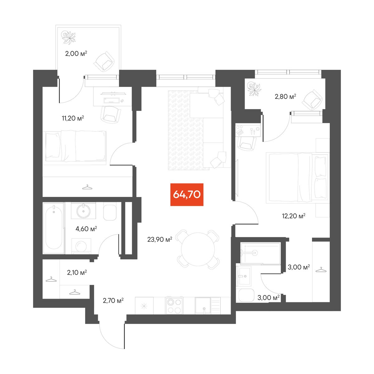 2-комнатная 64,7 м²