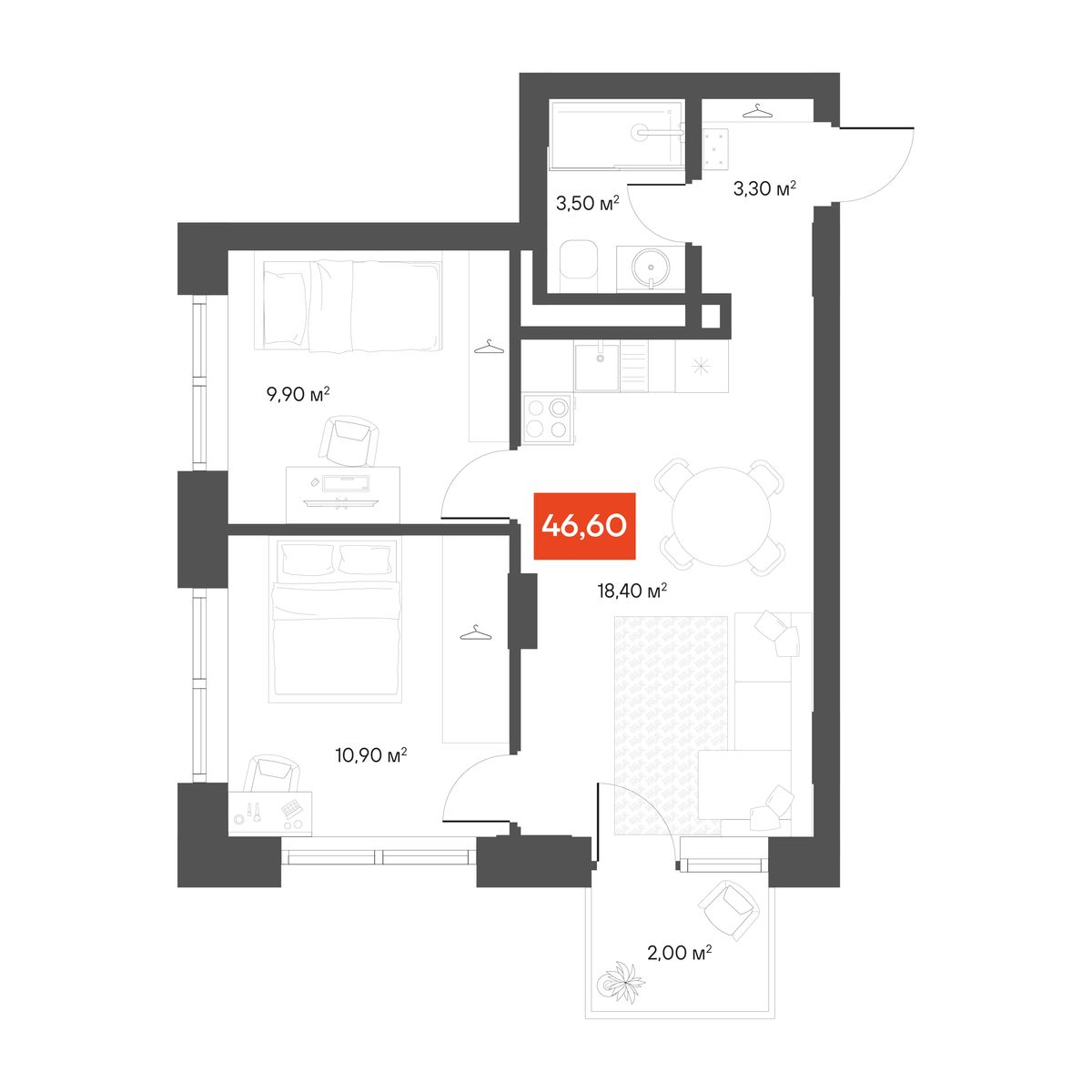 1-комнатная 46,6 м²