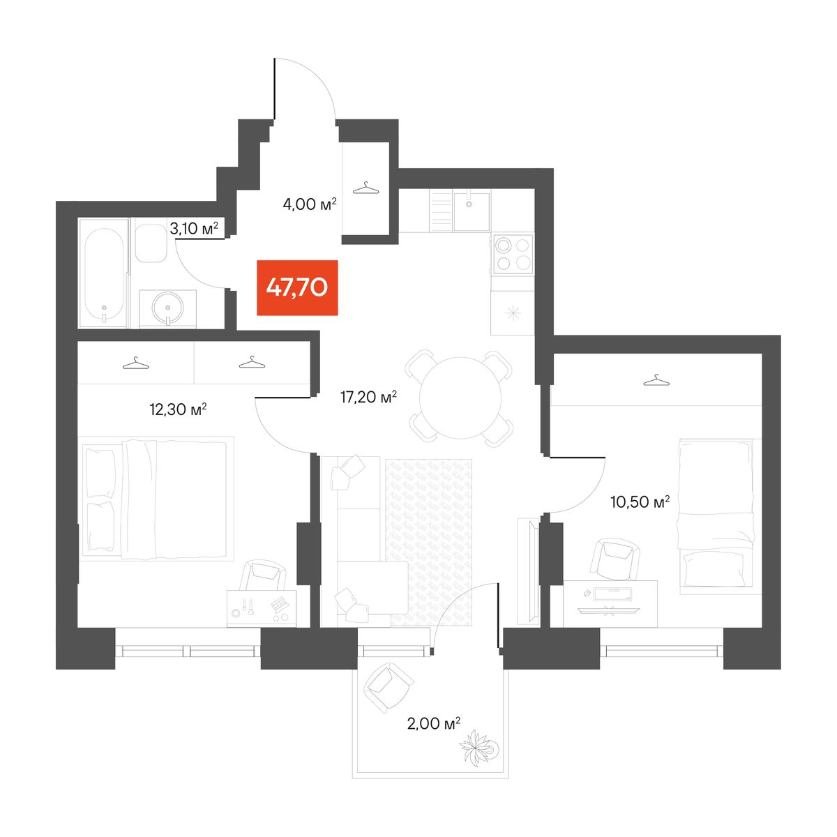 2-комнатная 47,7 м²