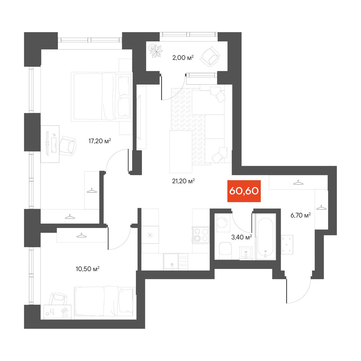2-комнатная 60,6 м²