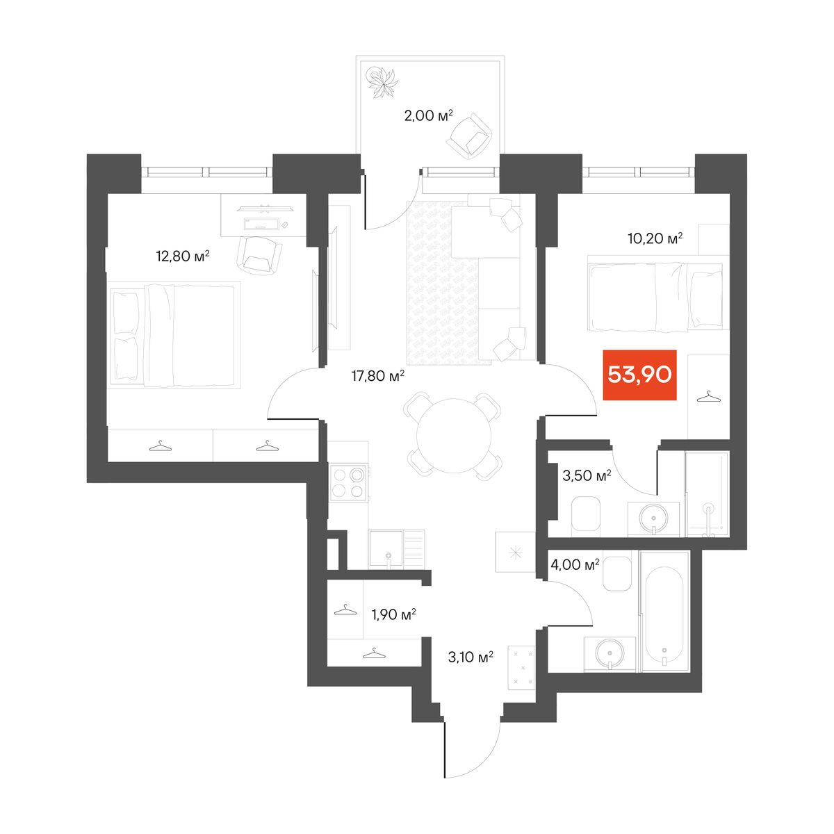 2-комнатная 53,9 м²