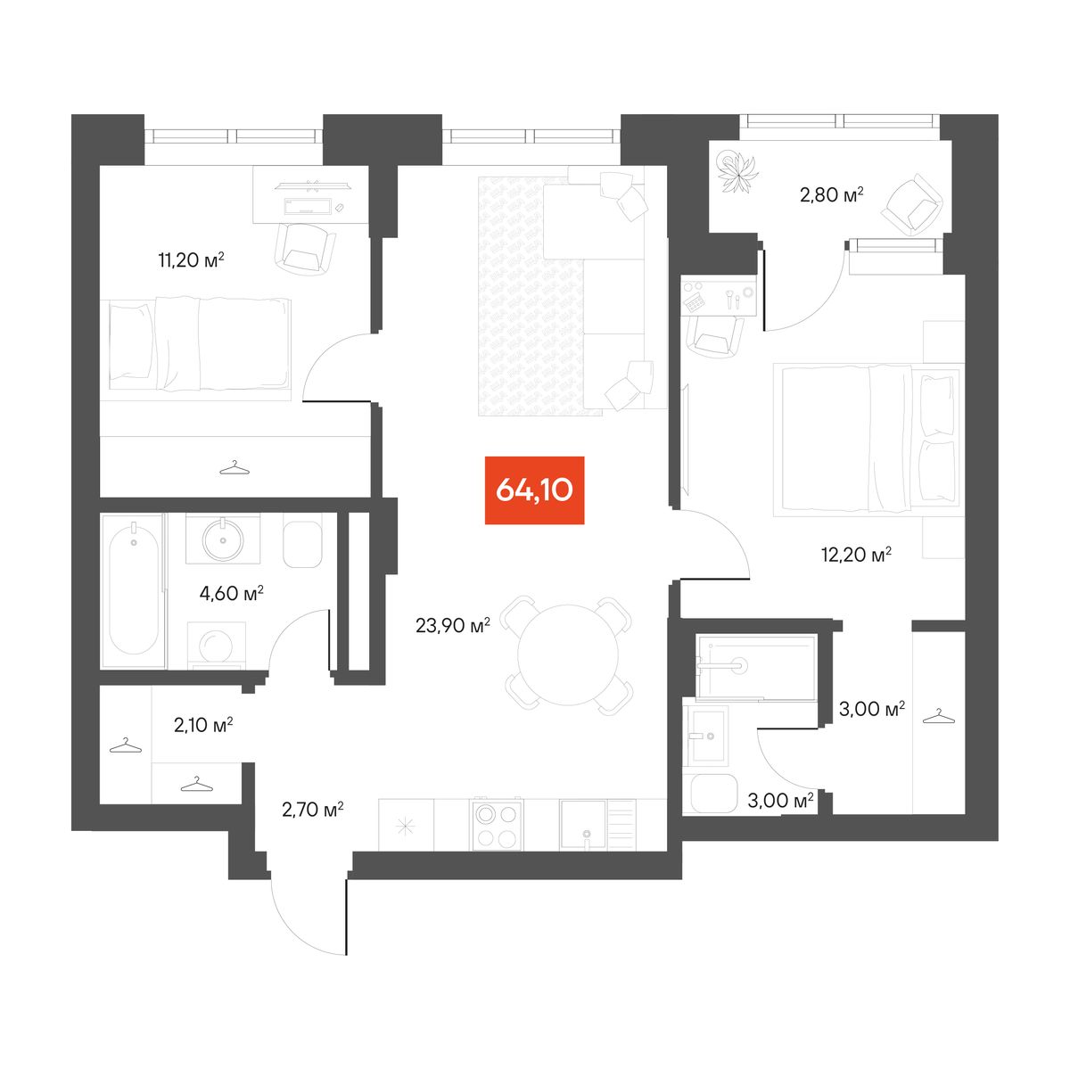 2-комнатная 64,1 м²