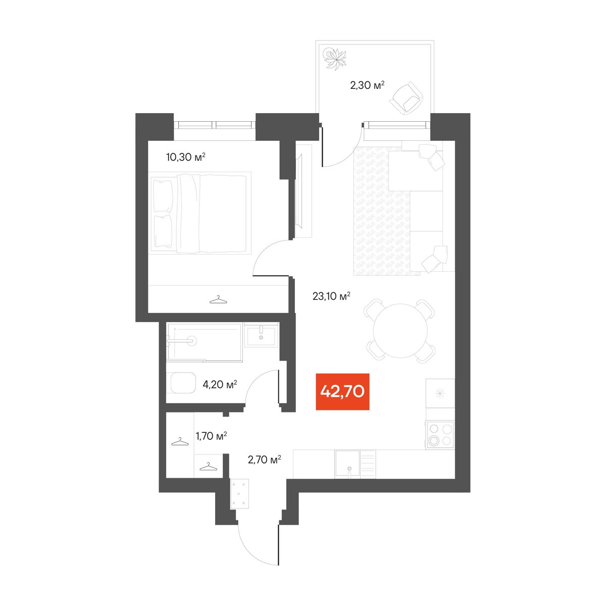 1-комнатная 42,7 м²