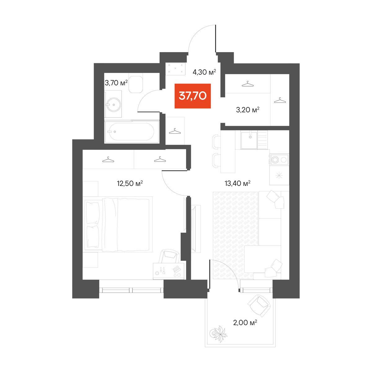 1-комнатная 37,7 м²