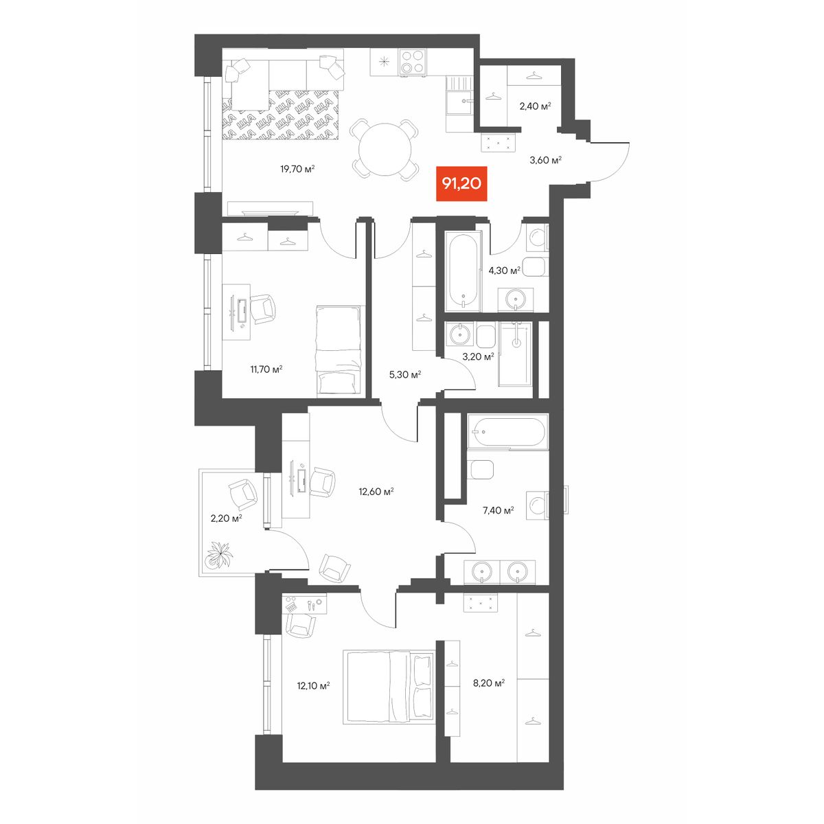 2-комнатная 91,2 м²
