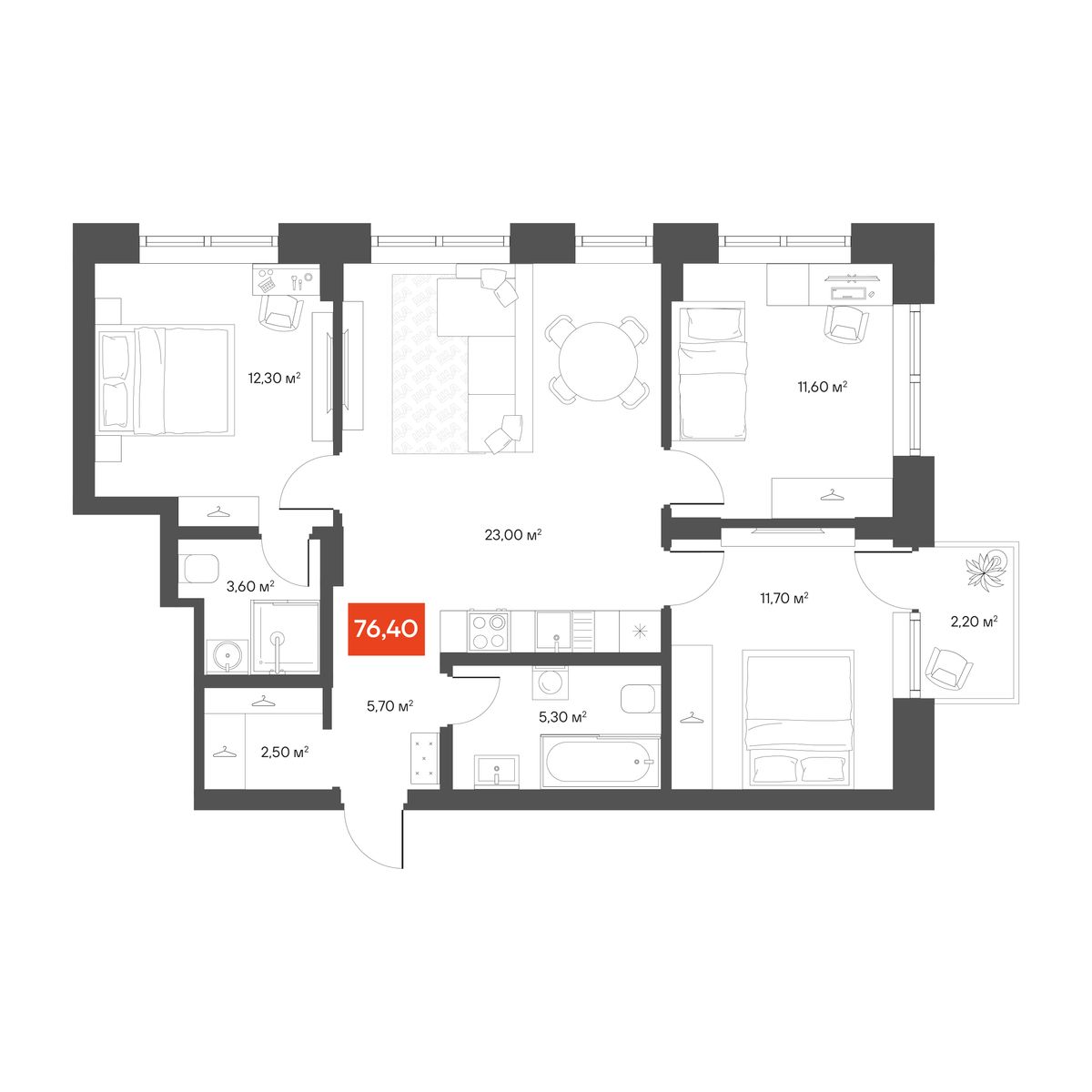 3-комнатная 76,4 м²