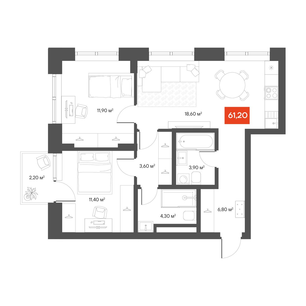 2-комнатная 61,2 м²