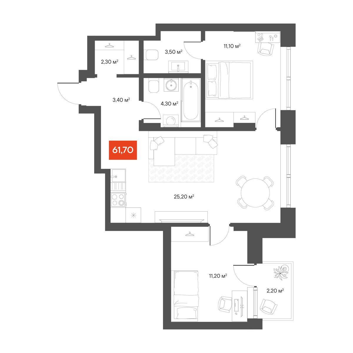2-комнатная 61,7 м²