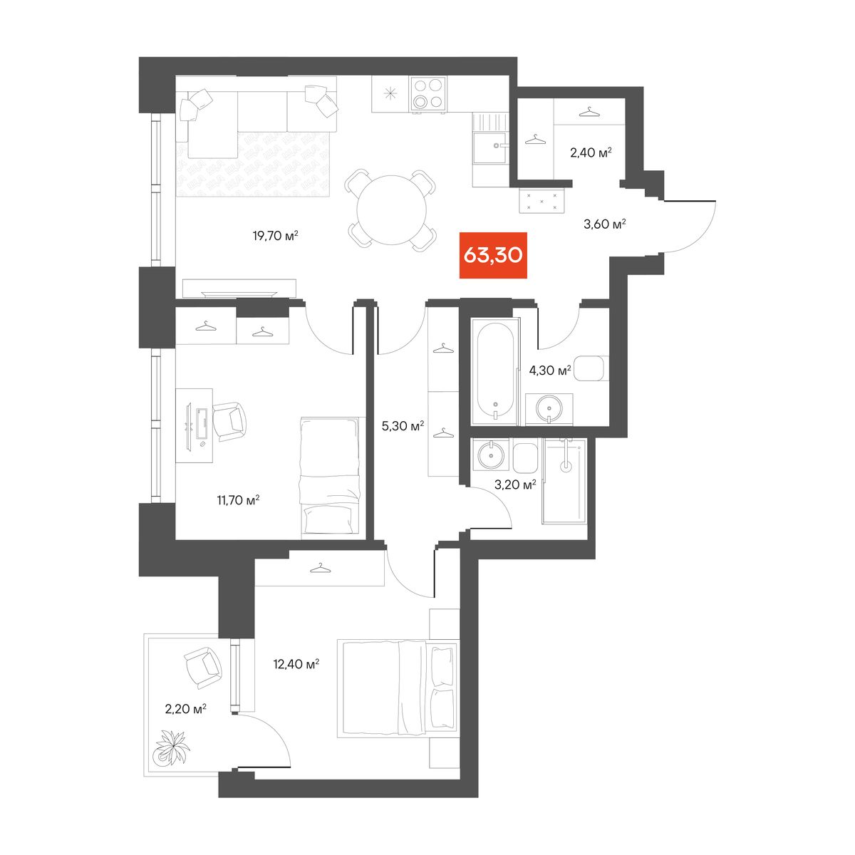 2-комнатная 63,3 м²
