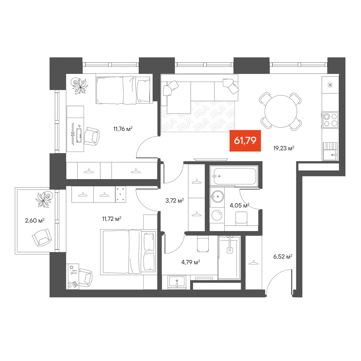 2-комнатная 61,2 м²