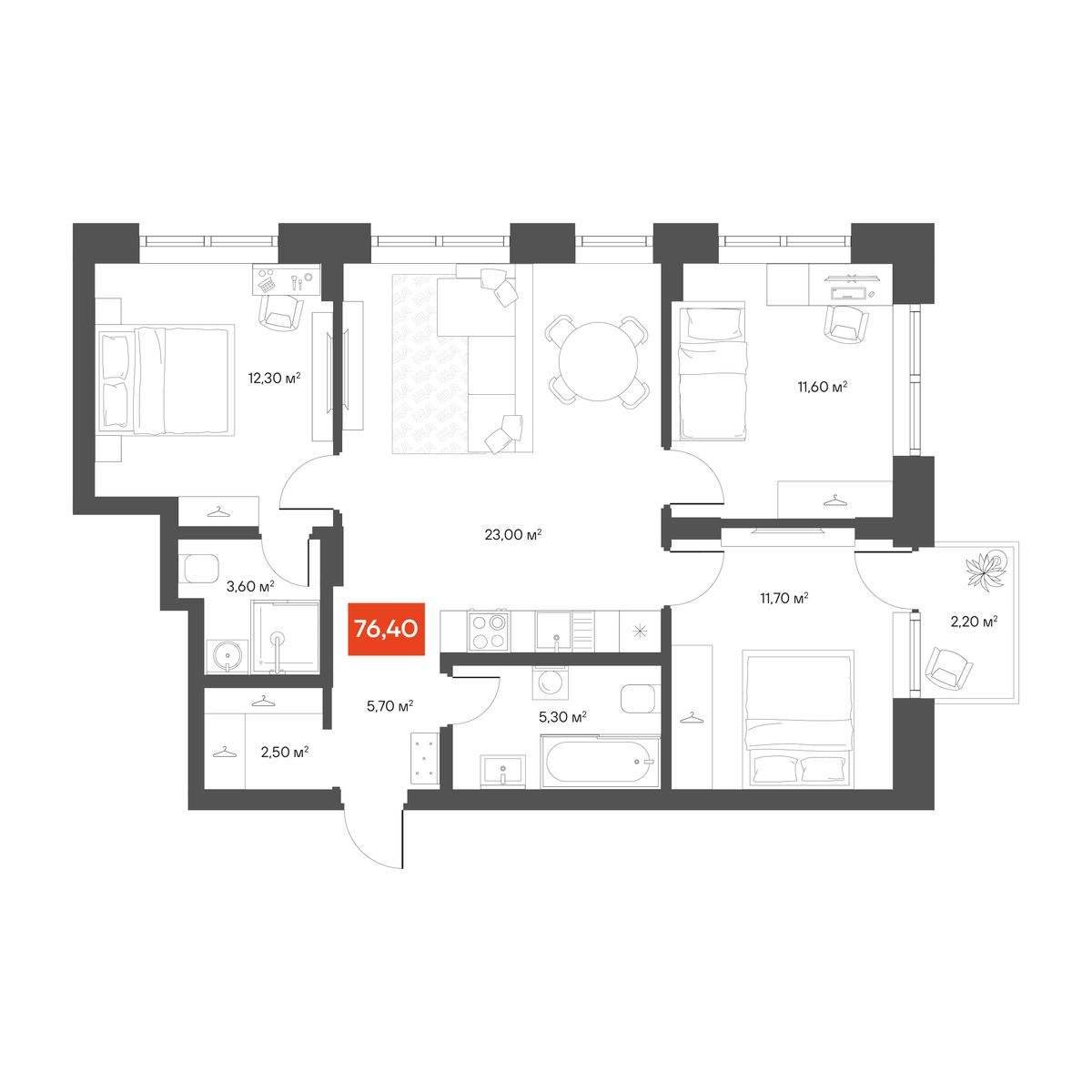 3-комнатная 76,4 м²