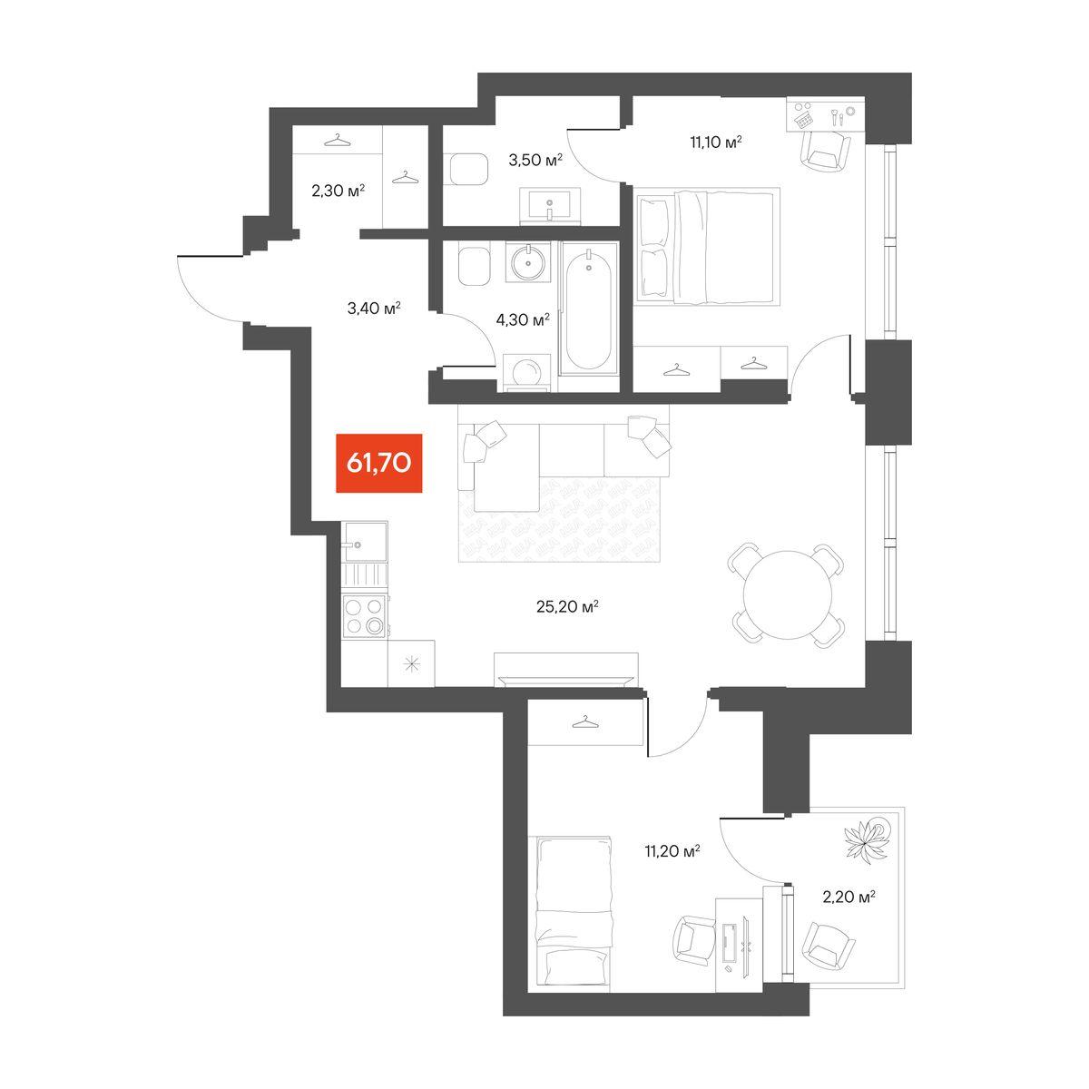 2-комнатная 61,7 м²