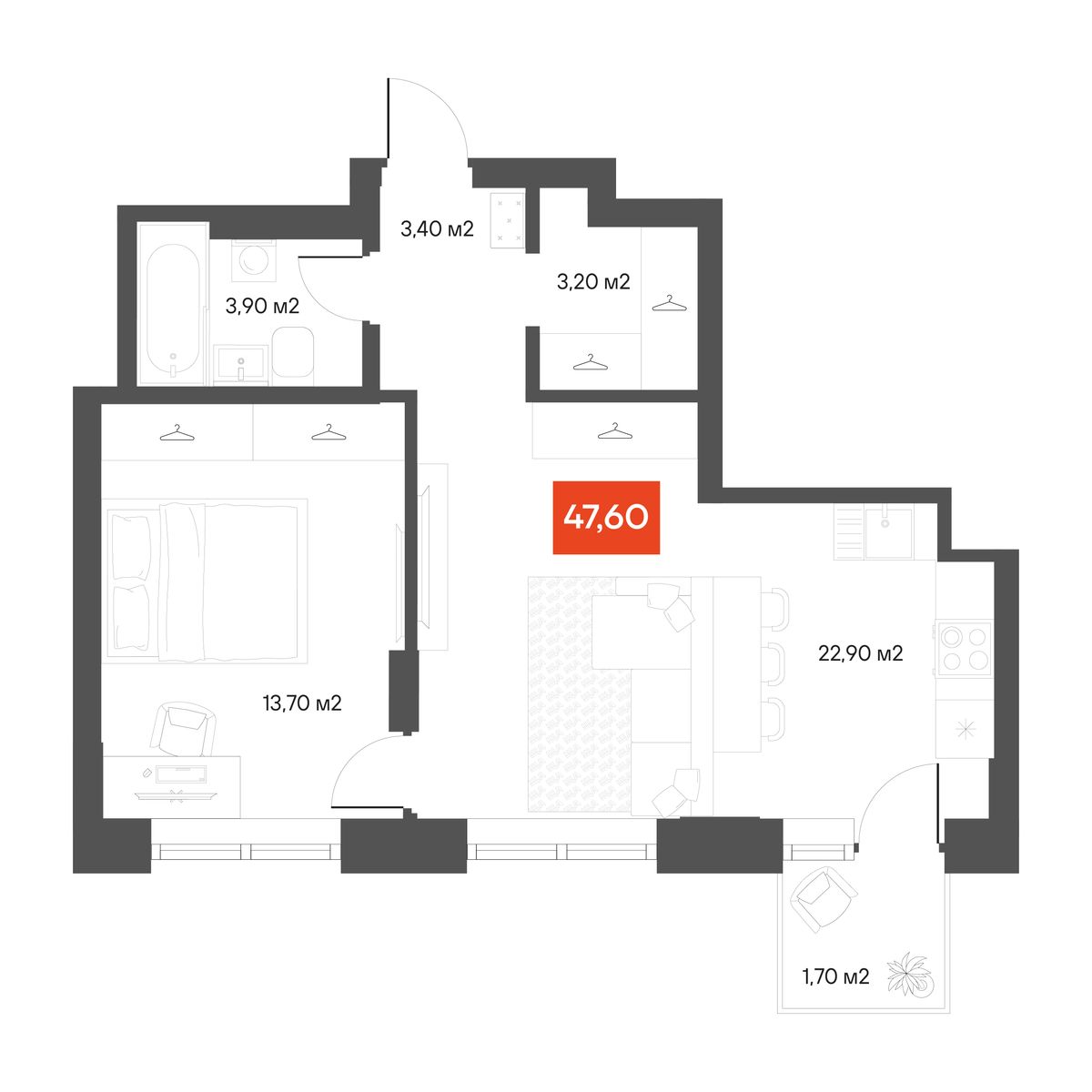1-комнатная 47,6 м²