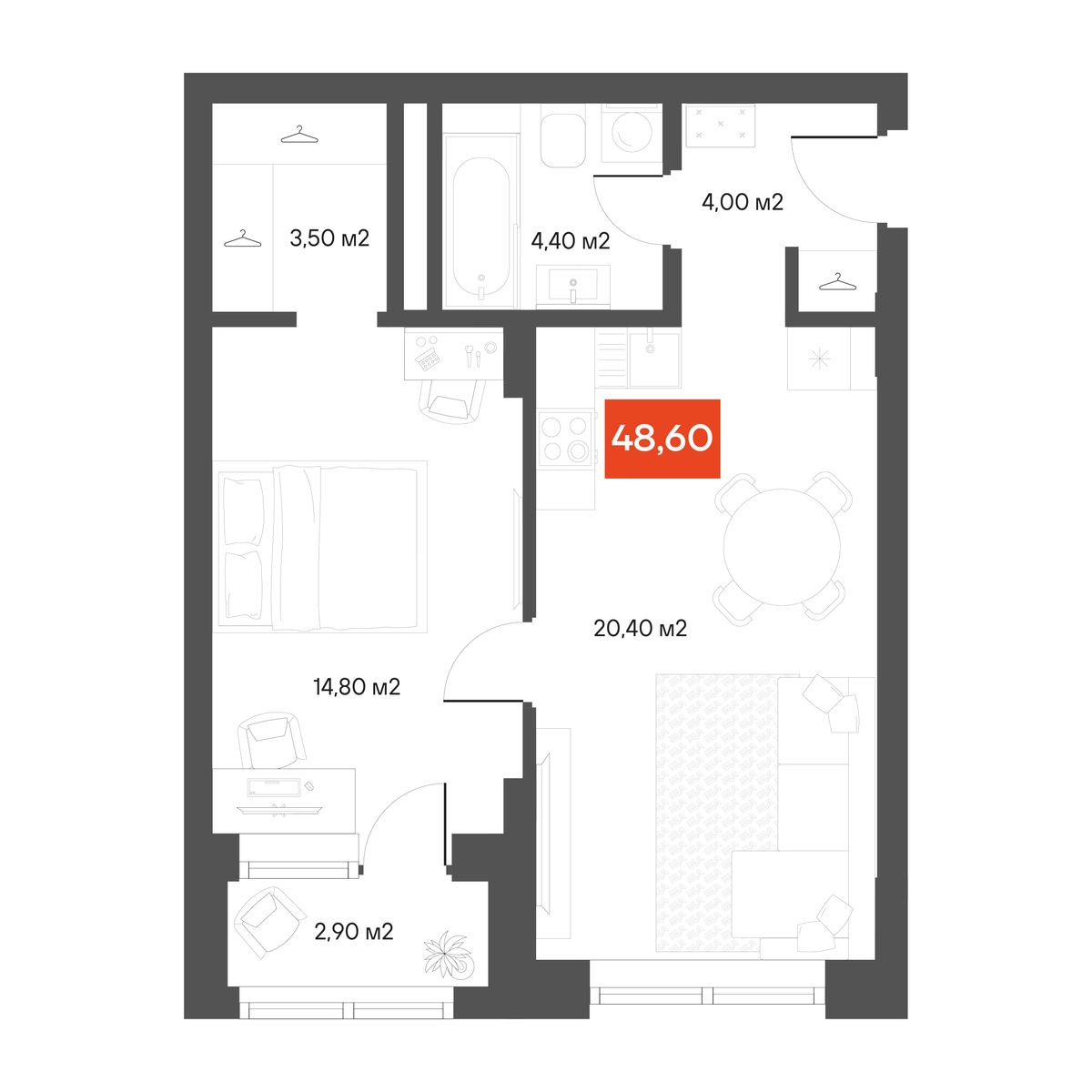 1-комнатная 48,6 м²
