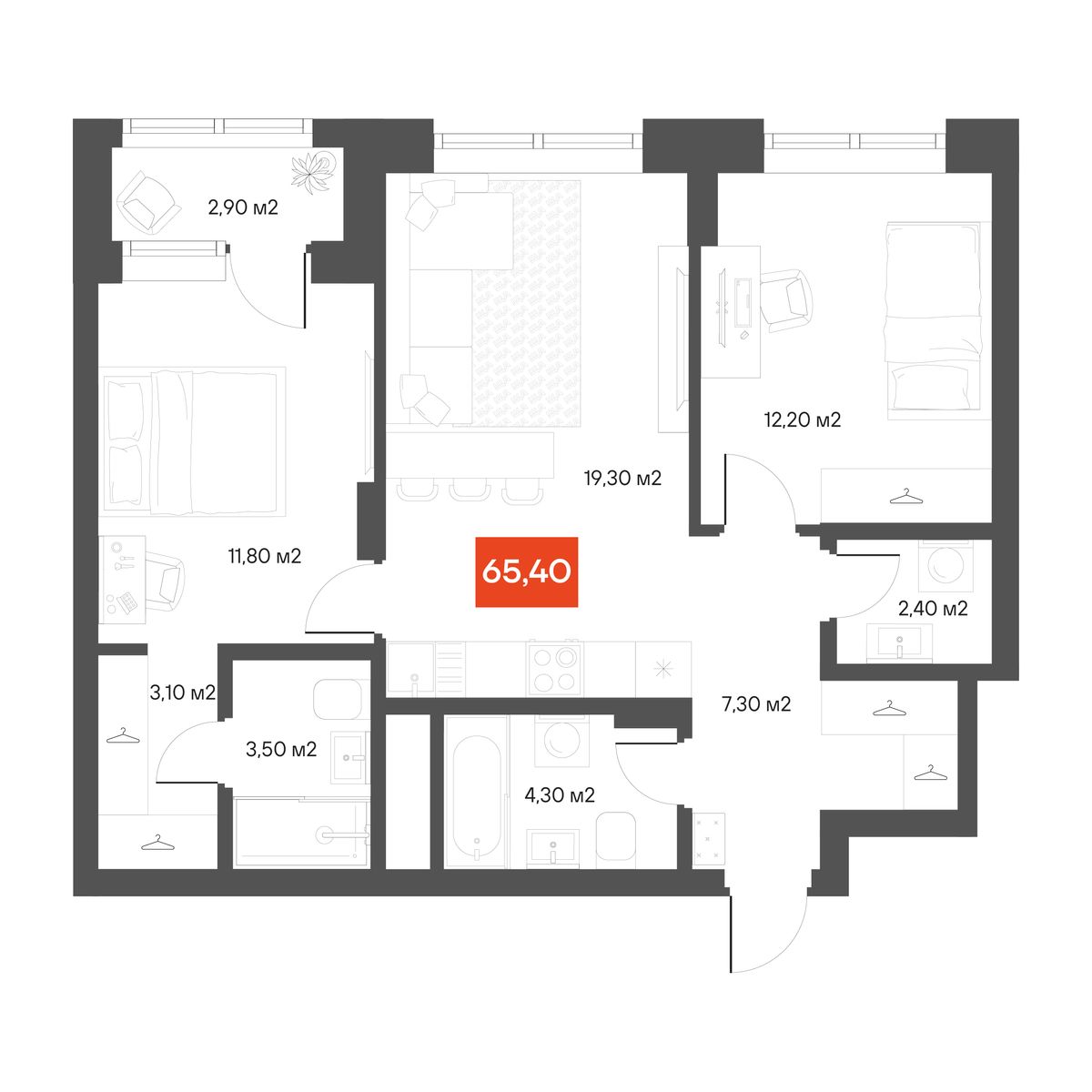 2-комнатная 65,4 м²