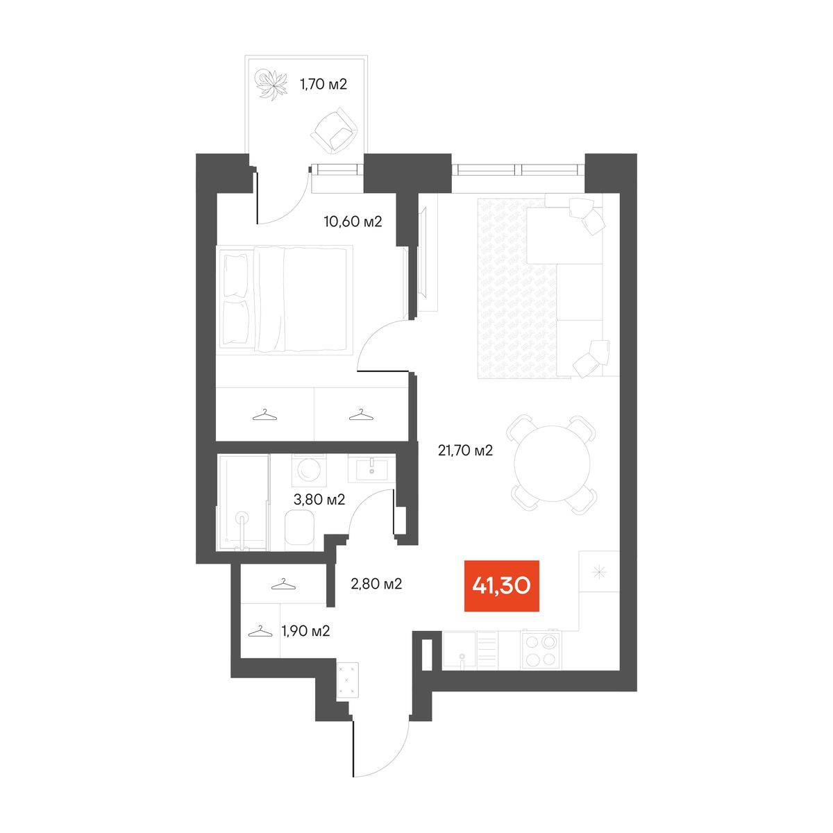 1-комнатная 41,3 м²