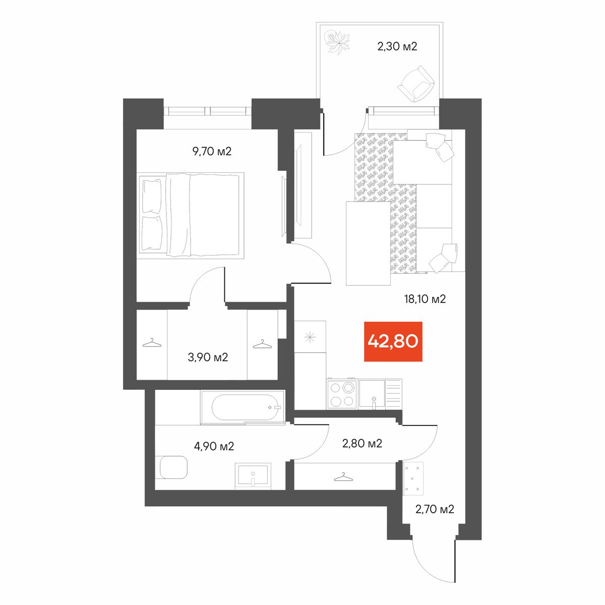 Планировка 1-комнатная 42,8 м²