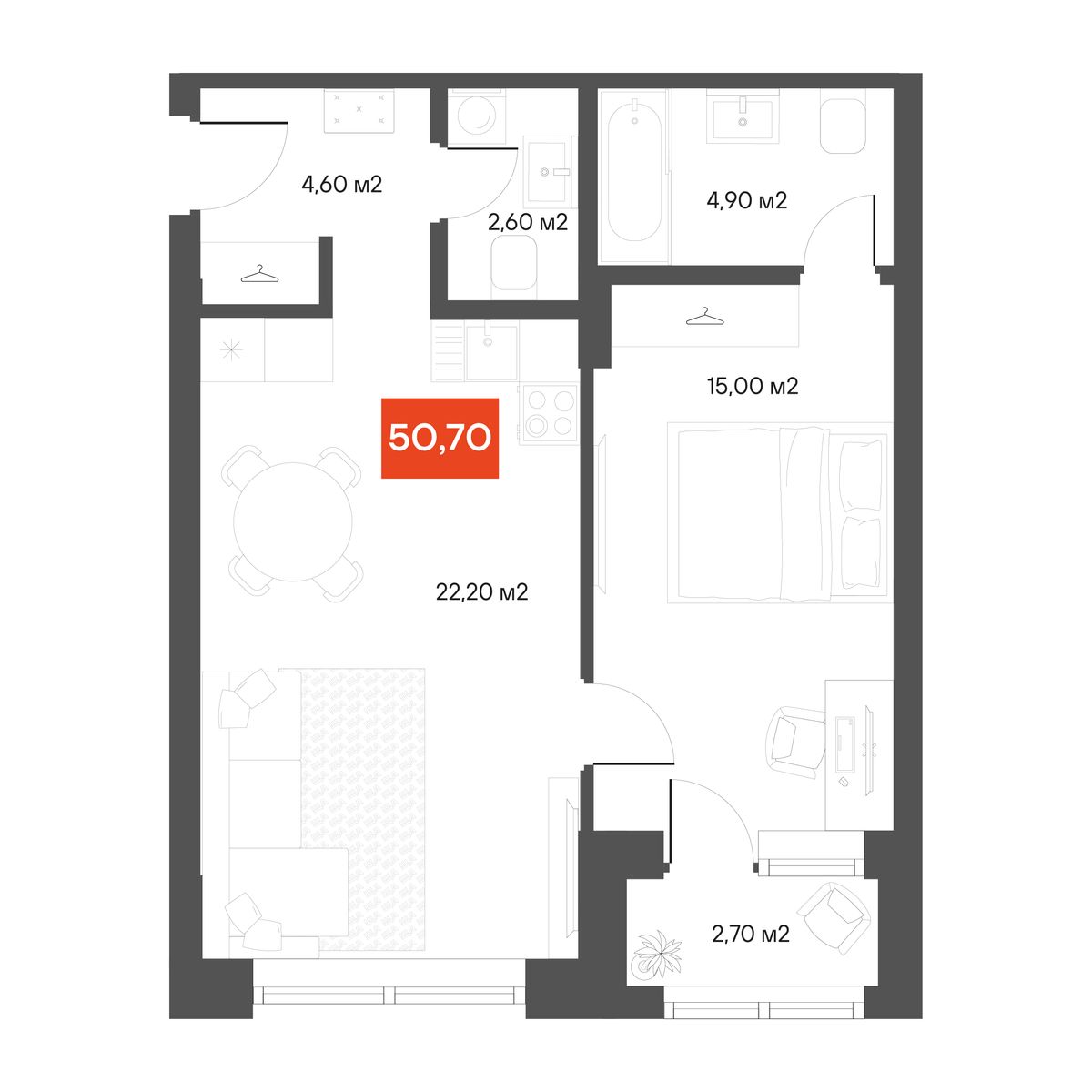 1-комнатная 50,7 м²