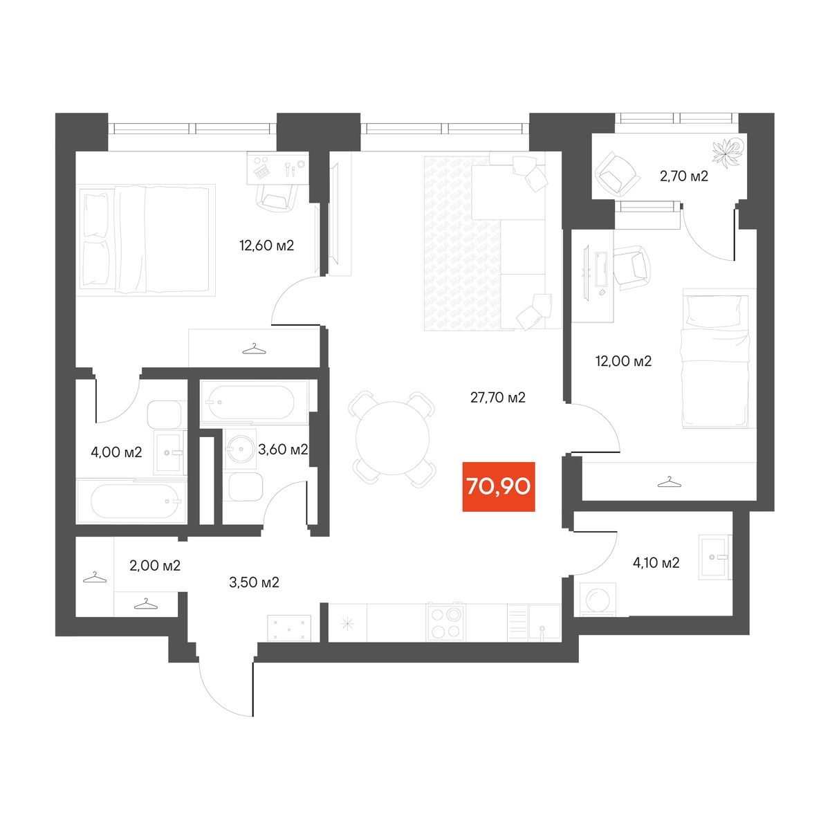 2-комнатная 70,9 м²