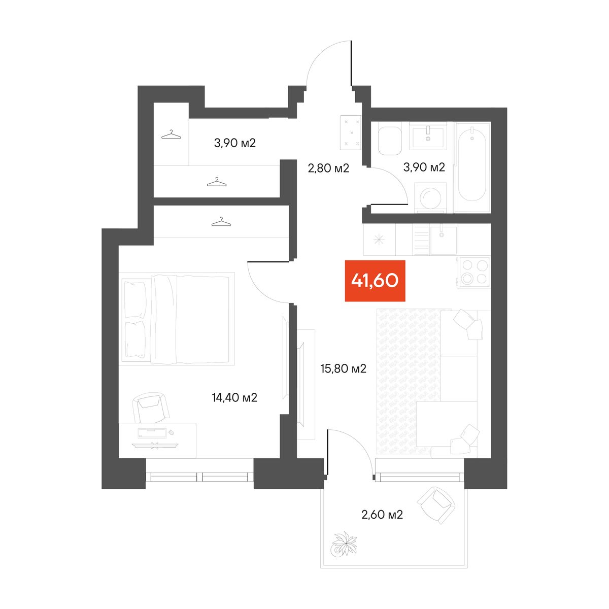 1-комнатная 41,6 м²