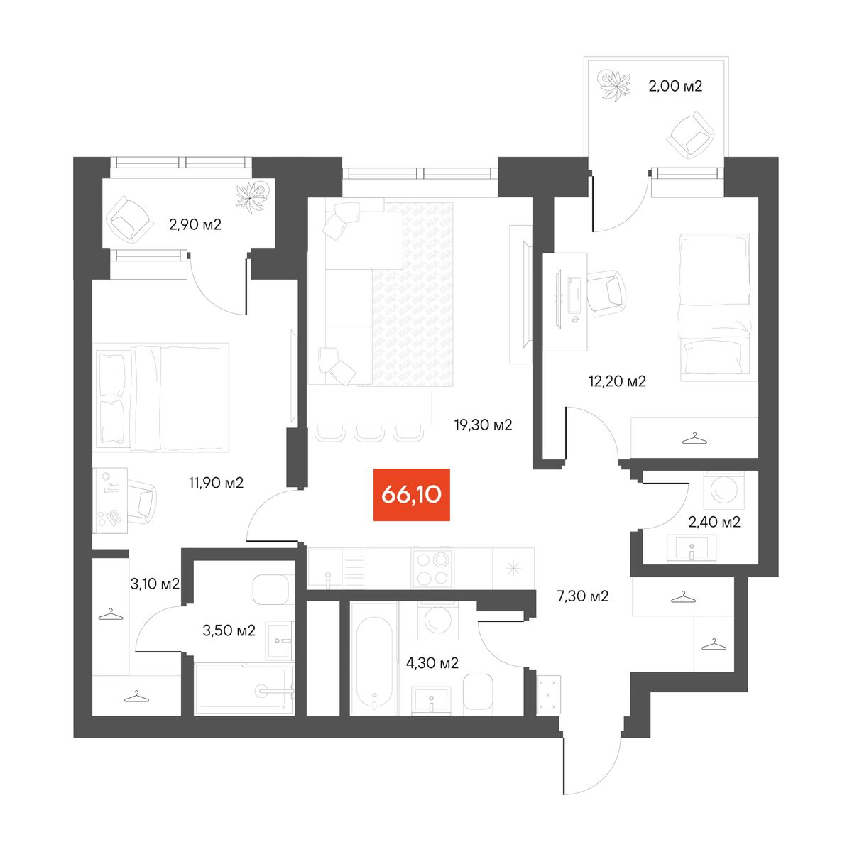 2-комнатная 66,1 м²