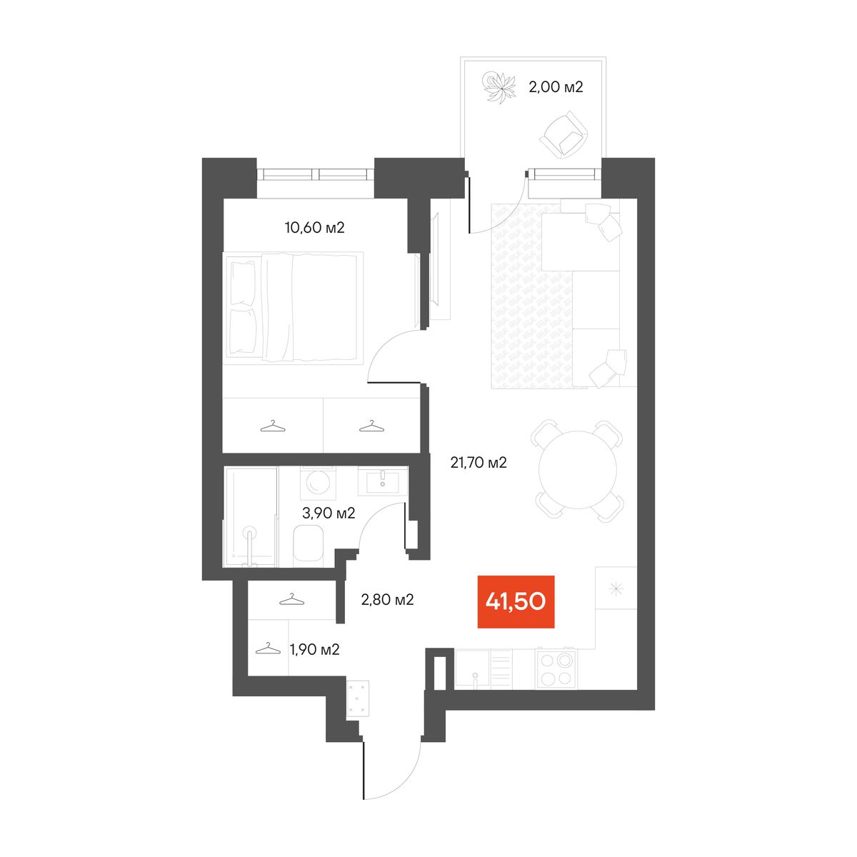 1-комнатная 41,5 м²
