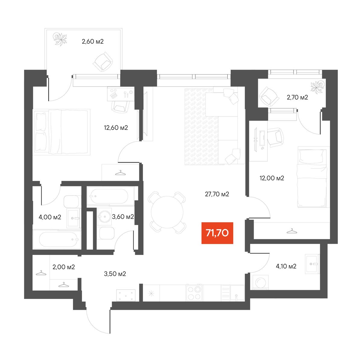 2-комнатная 71,7 м²
