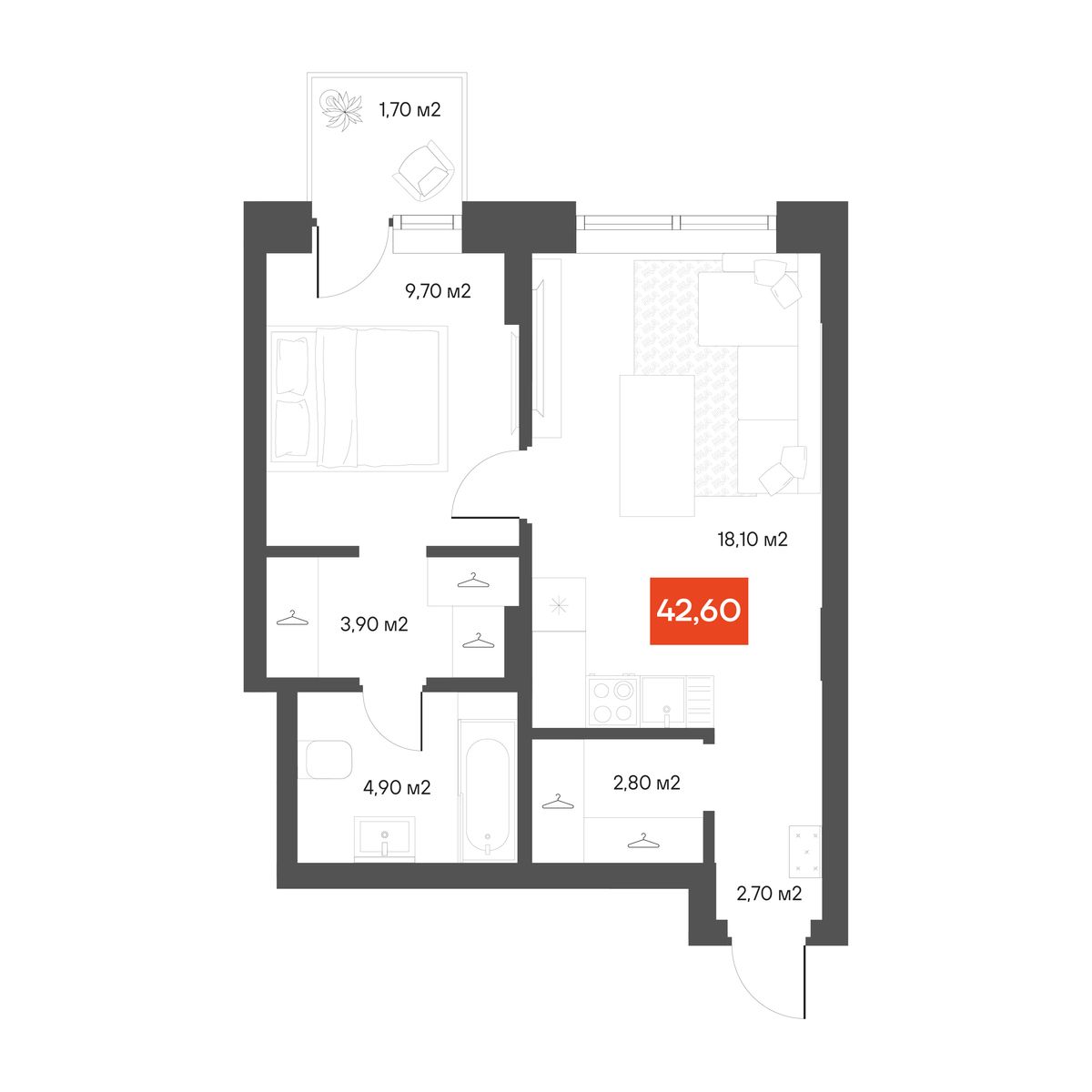 1-комнатная 42,6 м²