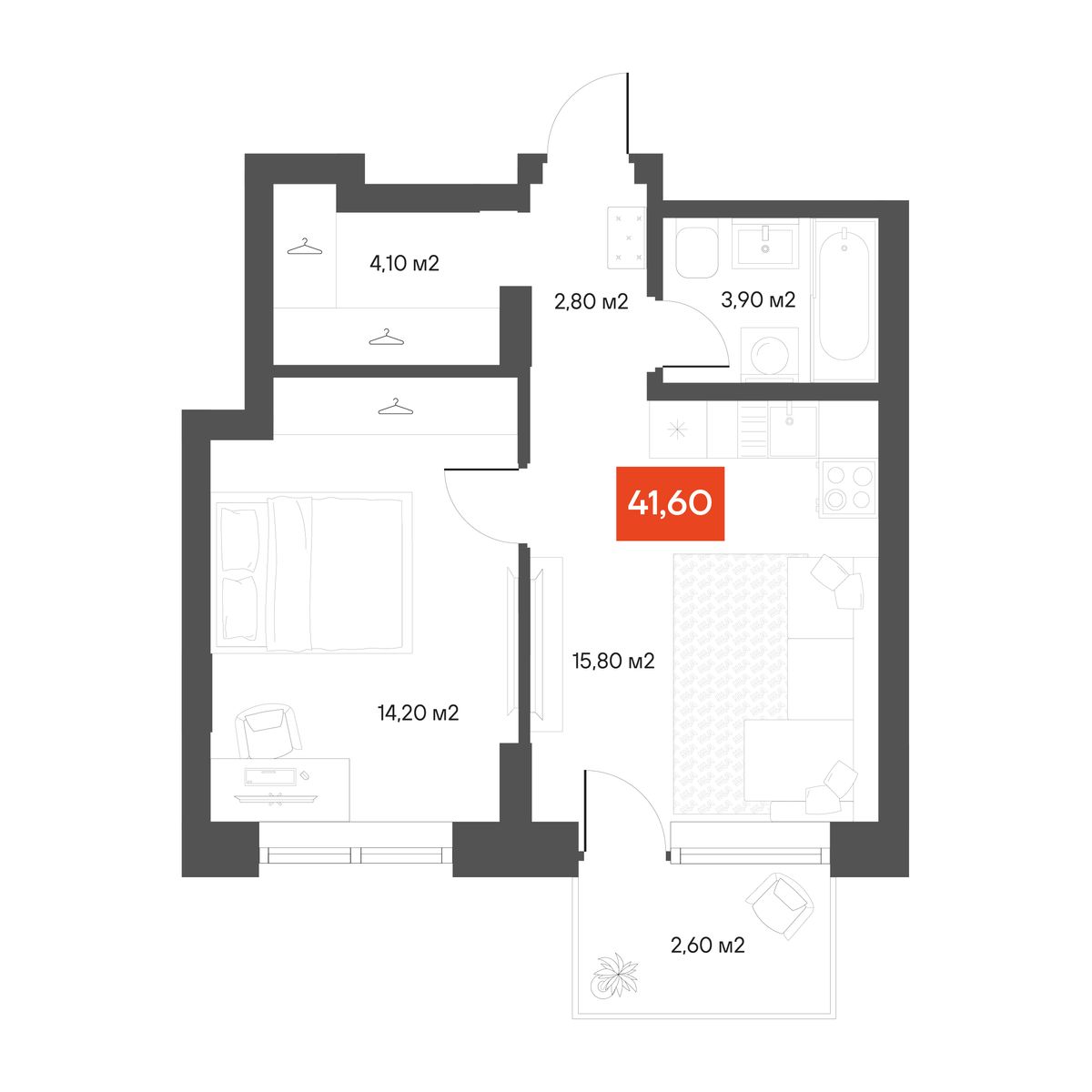 1-комнатная 41,6 м²
