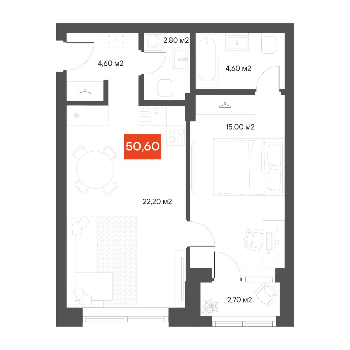 1-комнатная 50,6 м²
