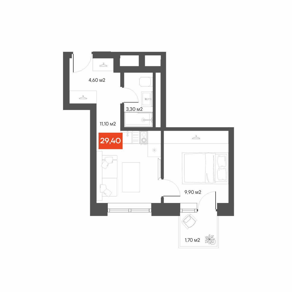 Планировка 1-комнатная 29,4 м²