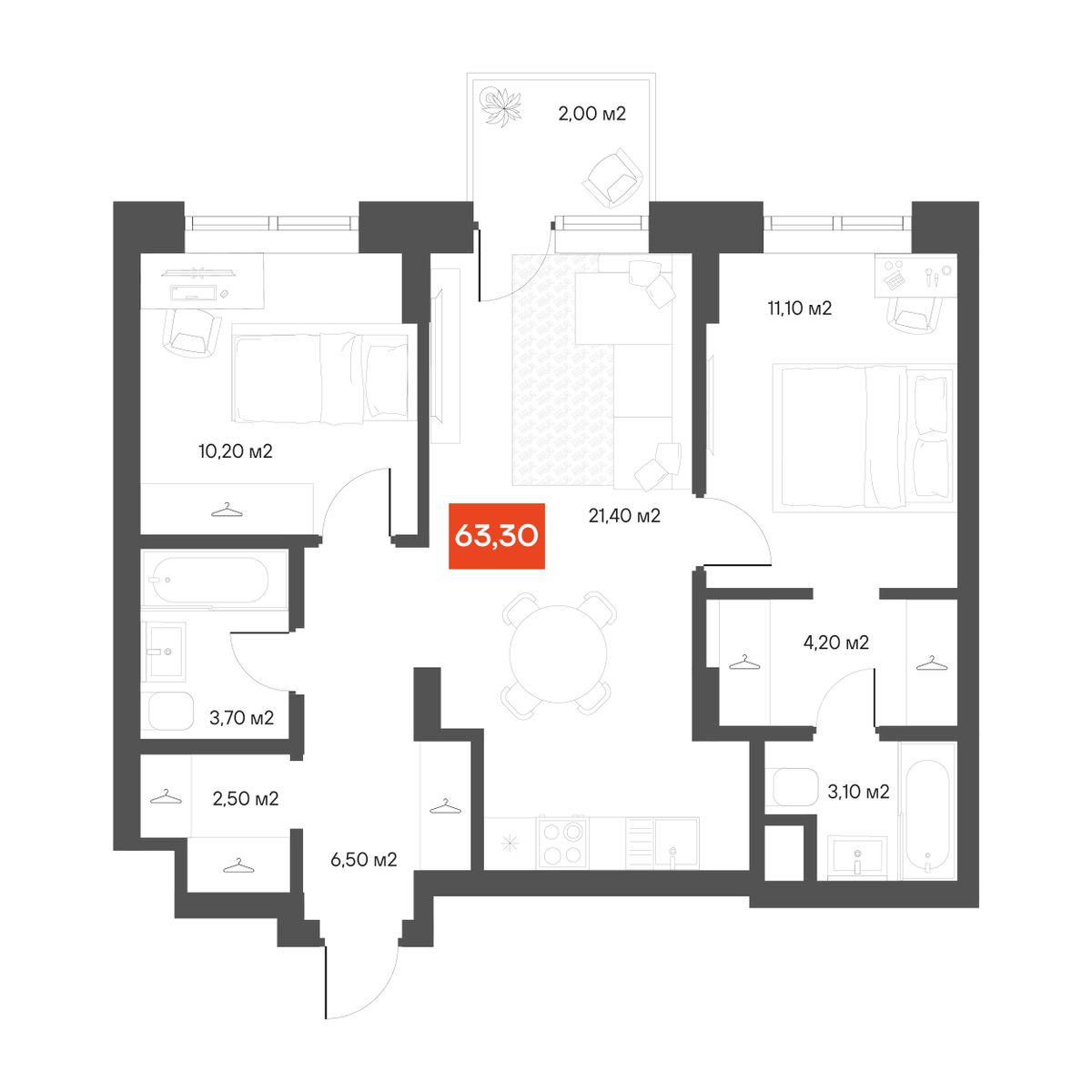2-комнатная 63,3 м²