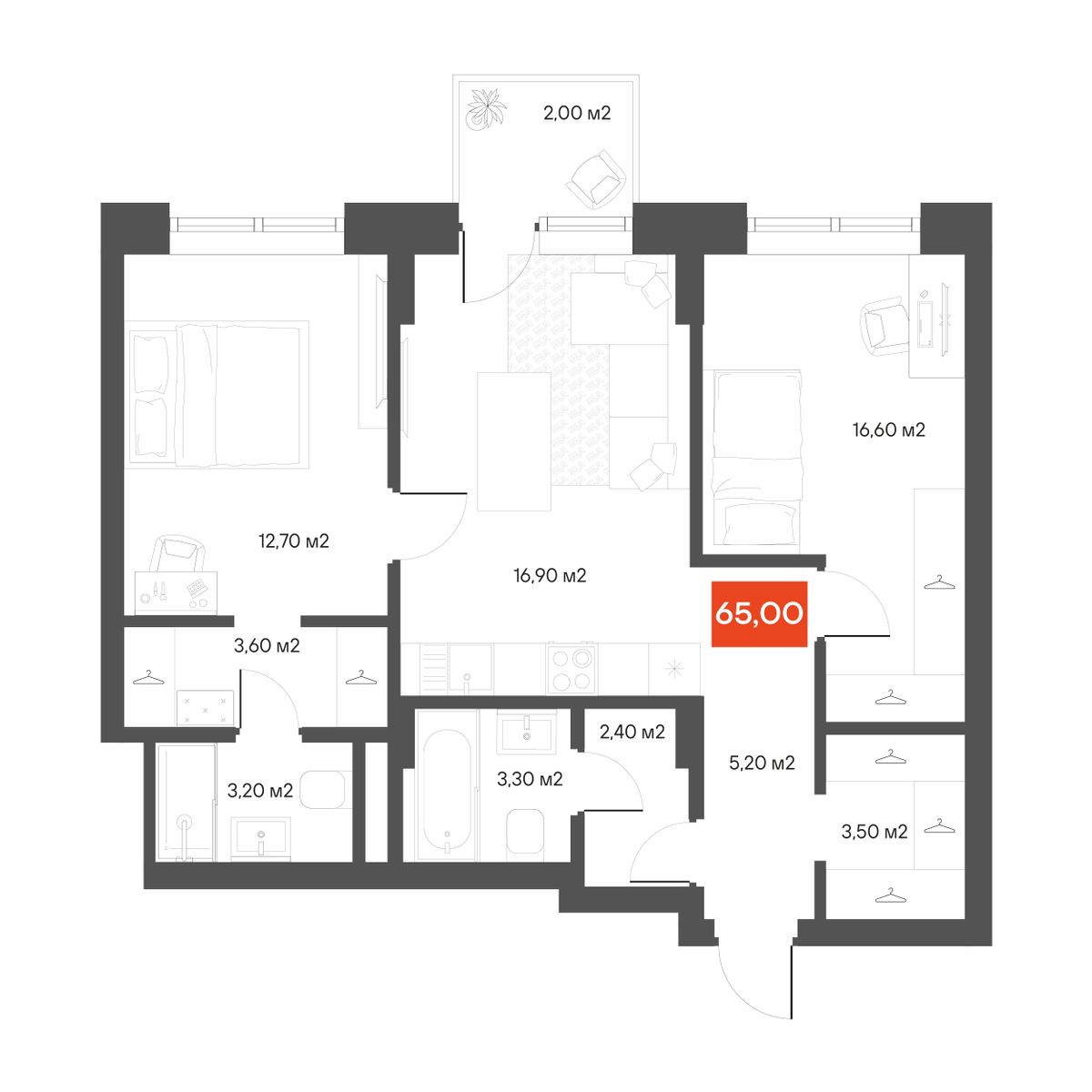 2-комнатная 65 м²
