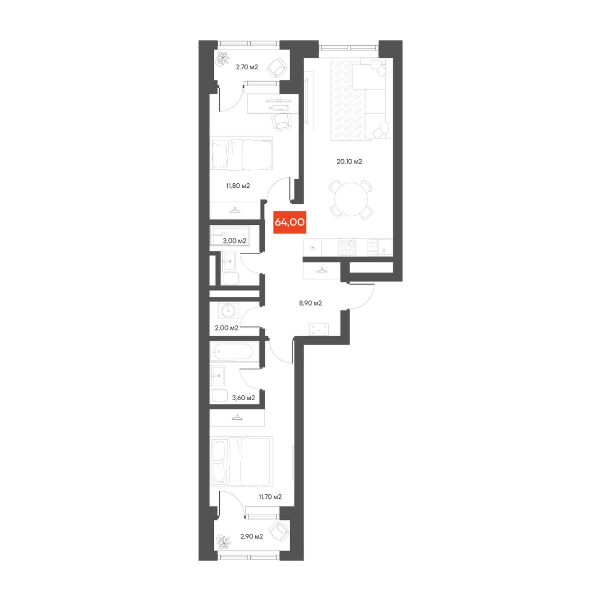 2-комнатная 64 м²