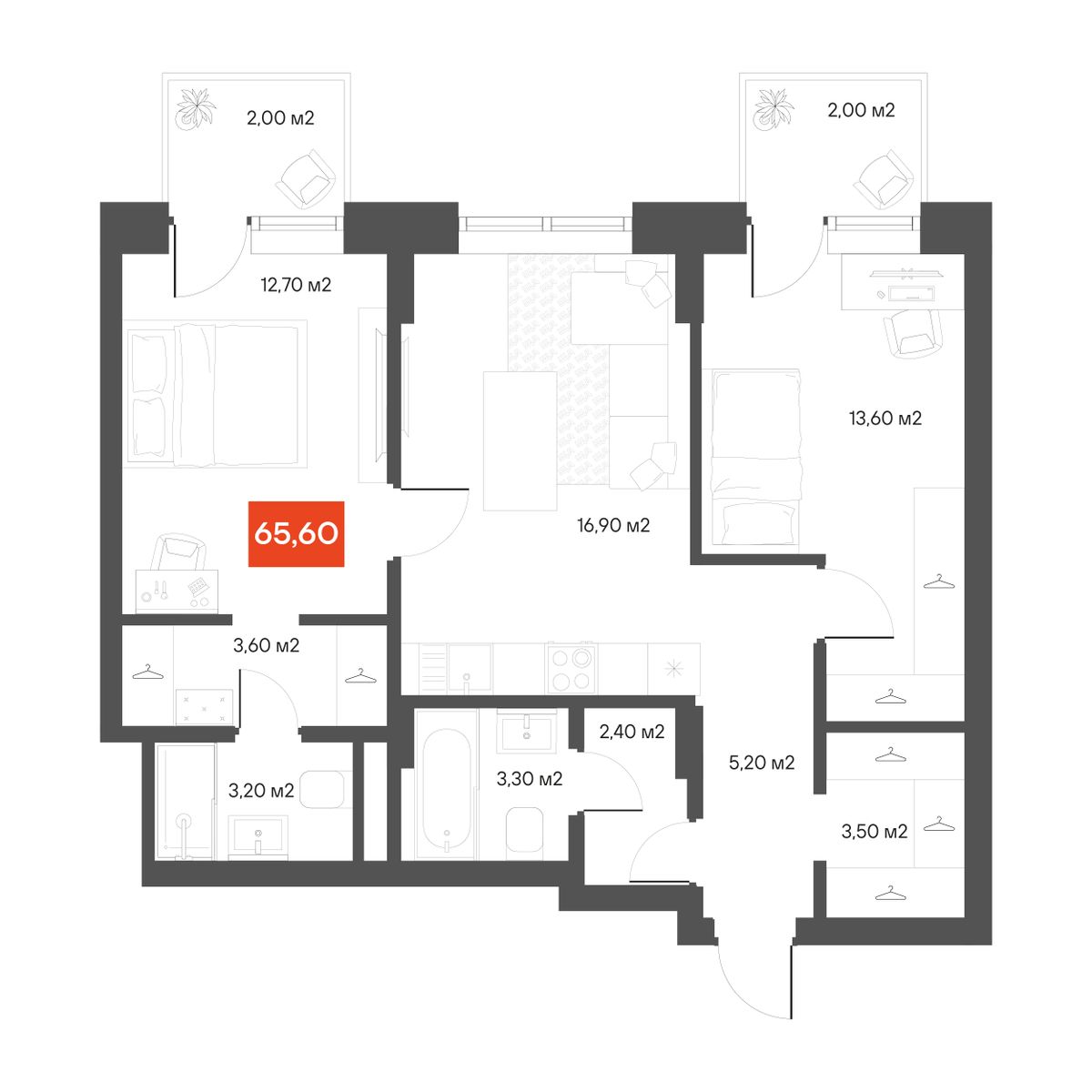 2-комнатная 65,6 м²