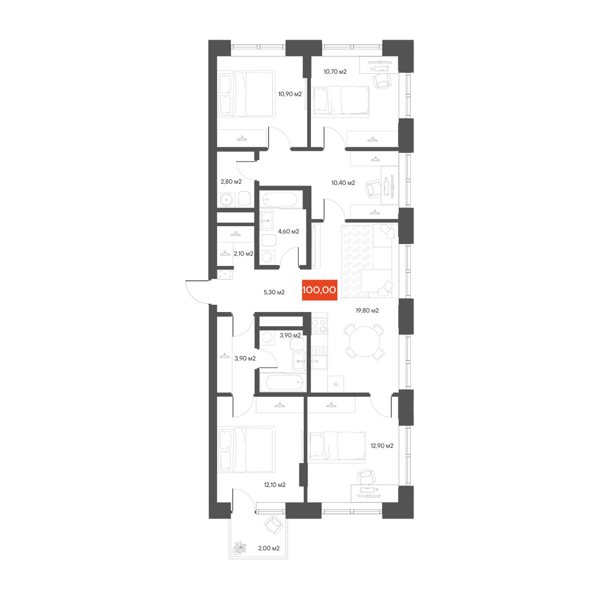 4-комнатная 100 м²
